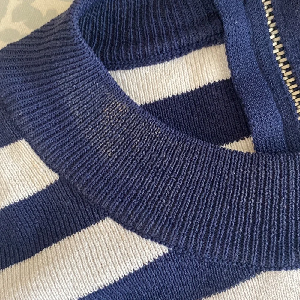 Topshop Asymmetrical  Striped Crew Neck Navy Blue White Crew Neck Sweate…